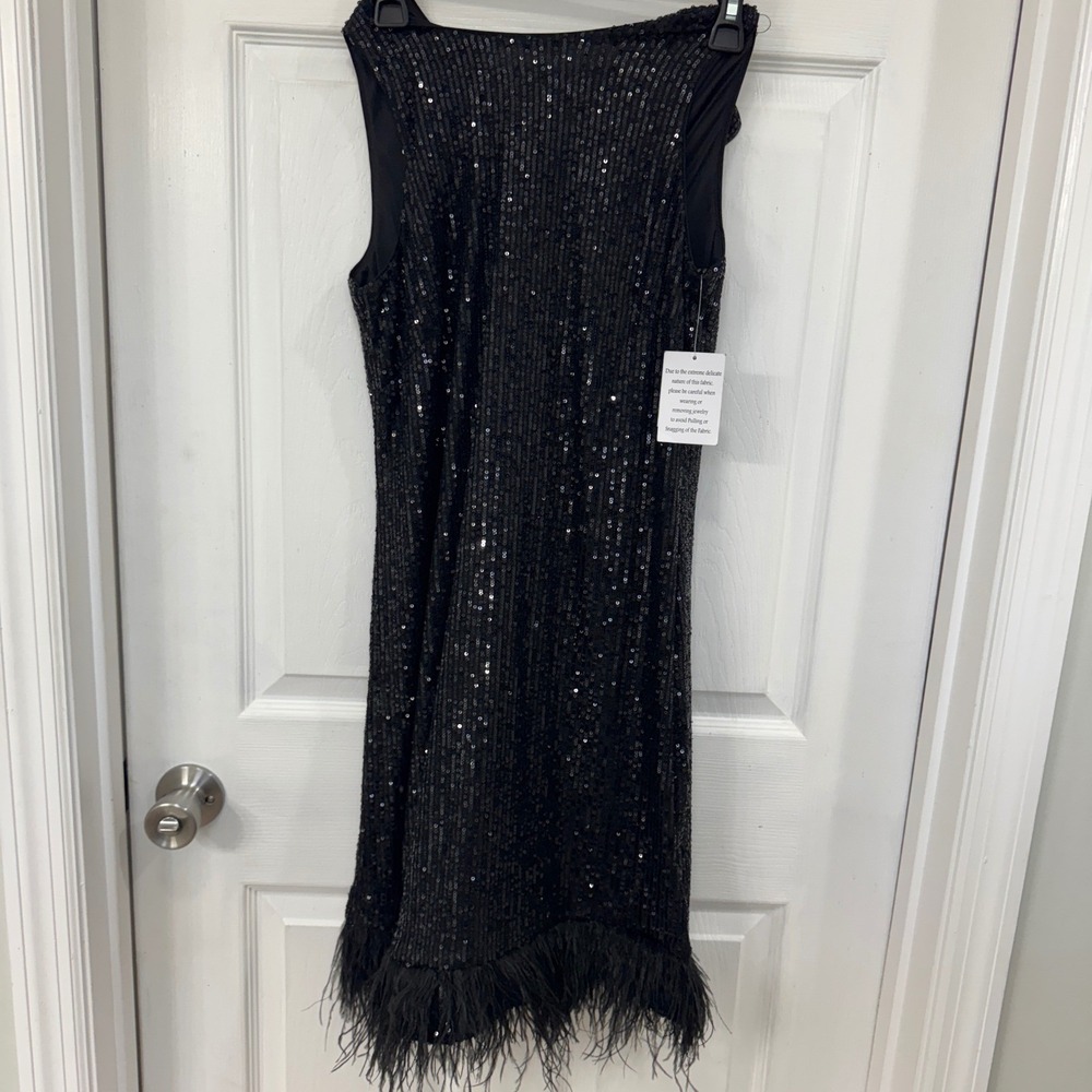 Taylor Women's Size 4 Black Sequin Dress with Feather Hem Glam